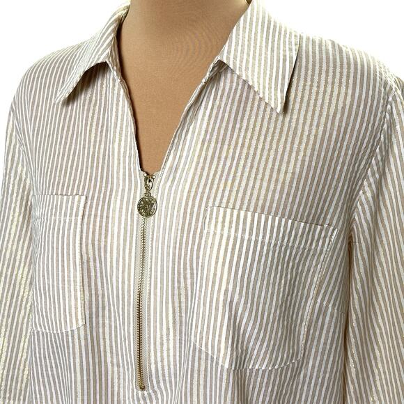 Anne Klein Blouse Size Large Quarter Zip Beige Metallic Gold Stripe Shimmer - Picture 4 of 10